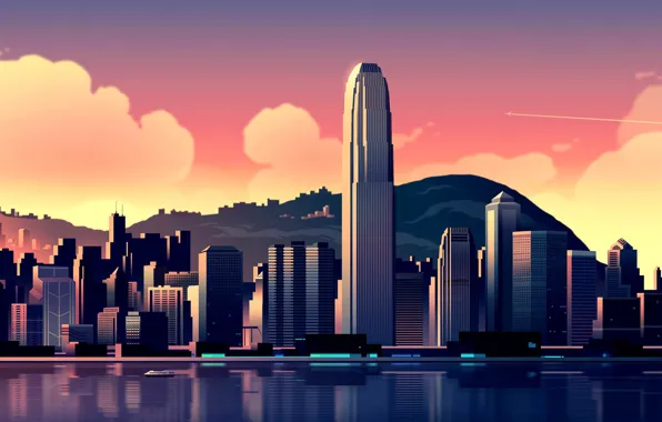 The sky, clouds, landscape, mountains, coast, home, Hong Kong, Bay