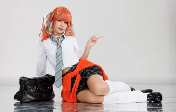 Wallpaper women, tie, Jean WanWan, model, cosplay, red eyes, Takanashi Kiara, Virtual Youtuber