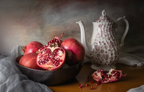 The dark background, table, kettle, fabric, bowl, fruit, still life, grenades