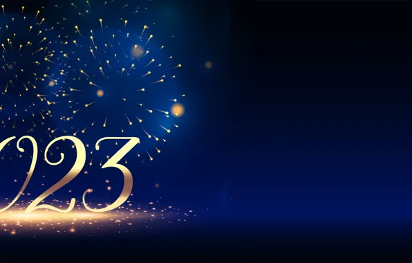 Salute, figures, New year, banner, fireworks, blue background, date, 2023