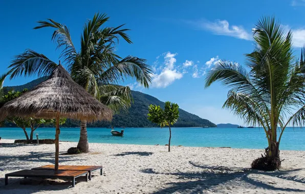 Sand, beach, palm trees, umbrella, the ocean, Thailand, Thailand, Sunrise Beach