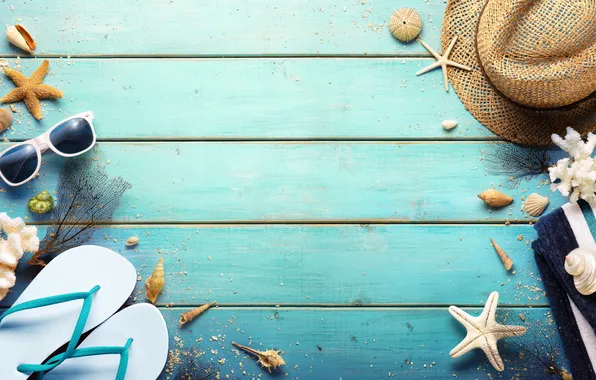 Beach, summer, stars, stay, hat, glasses, shell, summer
