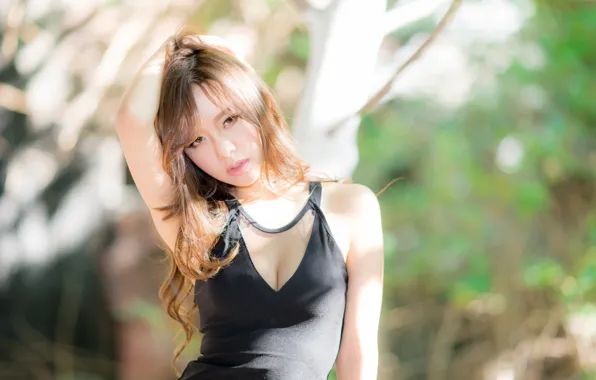 Pose, Asian, black dress, gesture, brown eyes, blurred background, brown eyes, asian