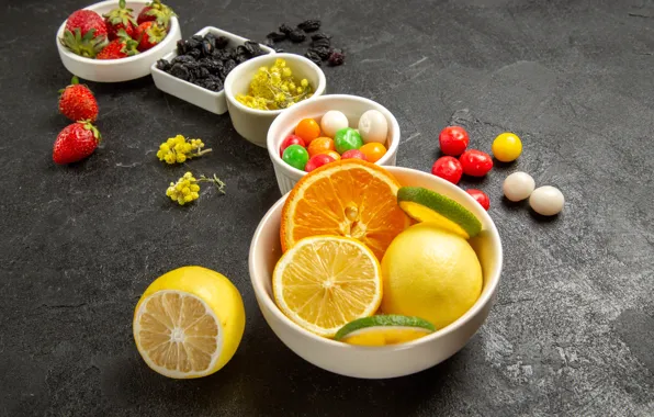Flowers, berries, oranges, strawberry, candy, lime, grey background, citrus