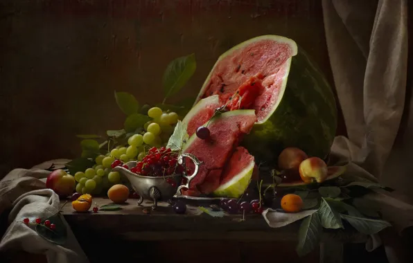 Leaves, cherry, berries, table, watermelon, grapes, fabric, fruit