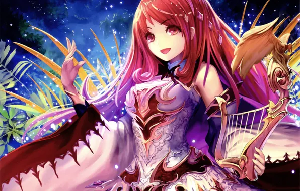 The sky, girl, clouds, night, the moon, anime, art, tachikawa mushimaro