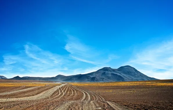 Road, clouds, mountains, desert, blue sky