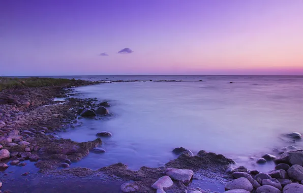 Picture sea, purple, water, landscape, sunset, nature, stones, shore