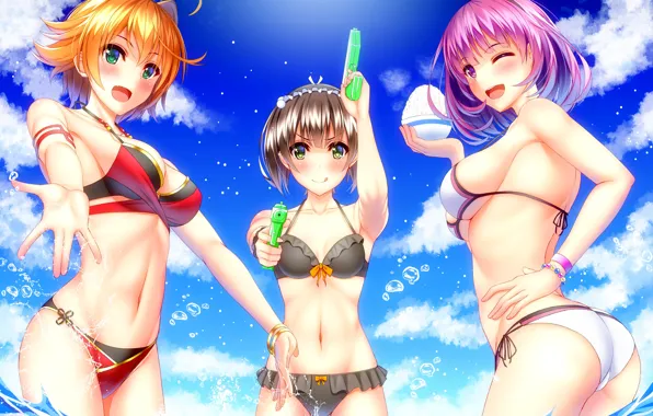Picture summer, girl, anime, trio