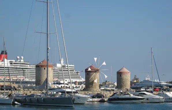 Sea, shore, ships, yachts, boats, Greece, port, windmills