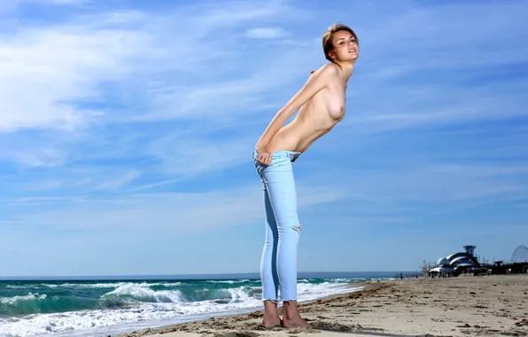 Sea, beach, ass, chest, the sky, look, shore, model