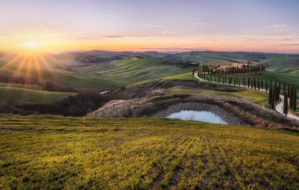 Road, the sun, lake, hills, field, morning, Italy, meadows