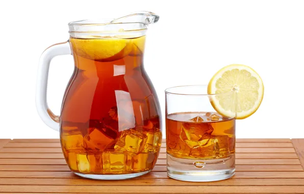 Picture ice, glass, lemon, tea, drink, pitcher
