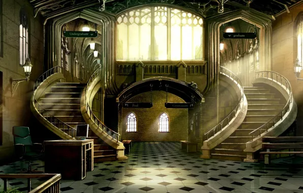 Chair, bench, stairs, desk, lobby
