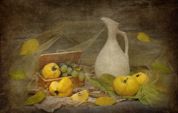 Background, grapes, pitcher, still life, quince, autumn leaves