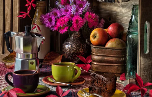 Leaves, flowers, apples, coffee, bouquet, mugs, still life, cake