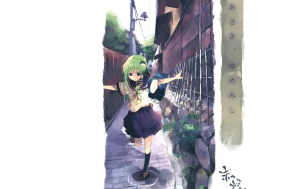 Street, the fence, post, white background, schoolgirl, bag, sailor, touhou projeck