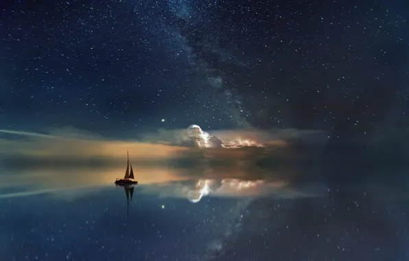 The sky, stars, night, the ocean, boat, The Milky Way, starry sky