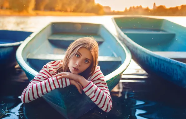 Picture look, girl, nature, pose, river, model, portrait, boats