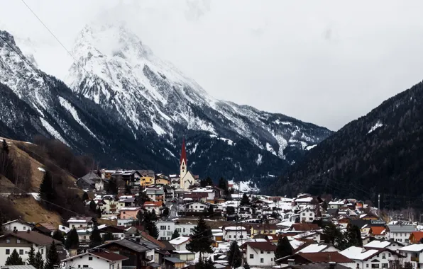 Winter, snow, mountains, Austria, village, Church, Valley, power lines