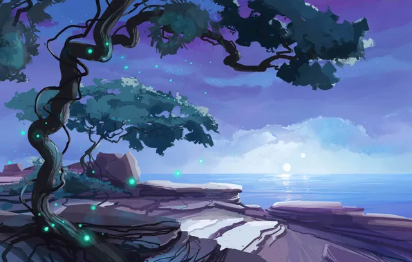 Sea, night, tree, the moon, art, painted landscape