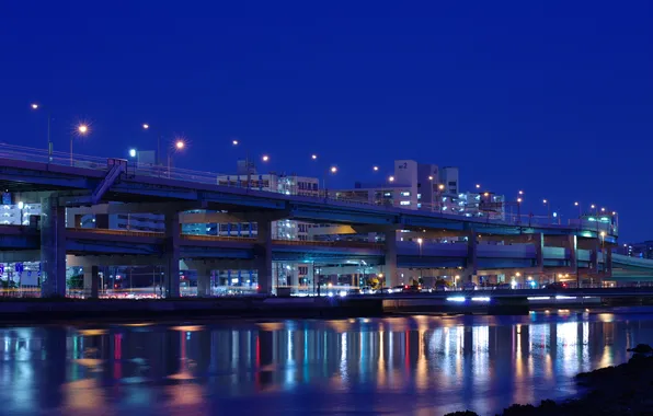 Picture road, night, the city, lights, Fukuoka, speed