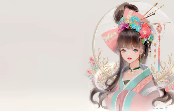 Picture fantasy, girl, kanzashi, kimono, anime, dadachyo, art, flowers