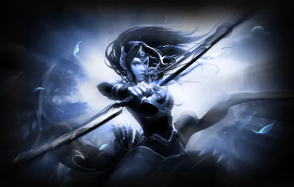 Picture leaves, girl, light, armor, shot, bow, DotA, Defense of the Ancients