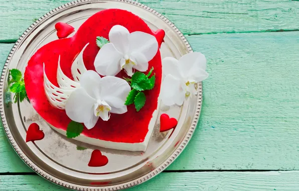Picture leaves, flowers, red, heart, plate, hearts, cake, white