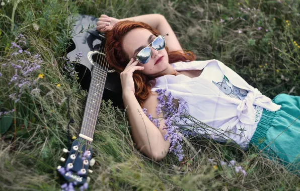 Summer, girl, nature, pose, guitar, the situation, sunglasses