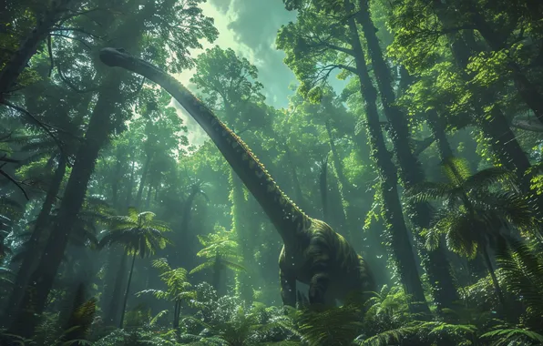 Trees, Dinosaur, Neck, Animal, Digital art, Ancient animals, Extinct animals, Prehistoric