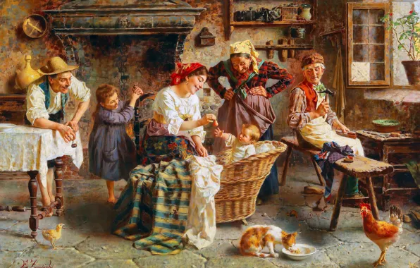 Picture Cat, Children, People, Picture, Family, Eugenio Zampighi, Happy family, Italian painter