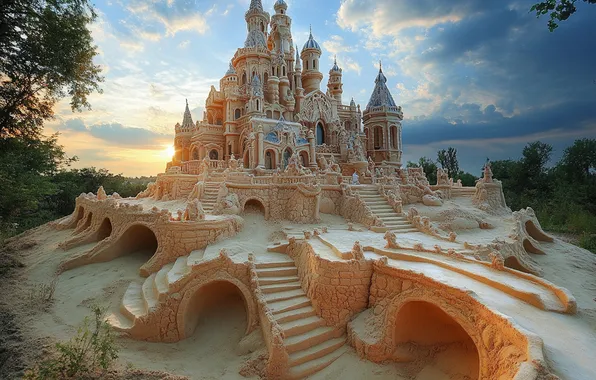 Sand, the sky, clouds, castle, morning, fantasy, tower, stairs