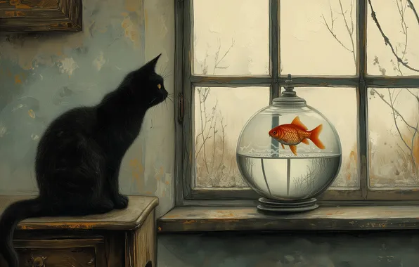 Cat, cat, look, room, black, aquarium, window, goldfish