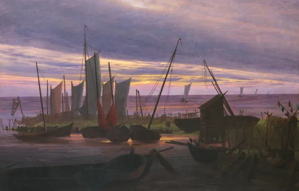 Picture, sail, seascape, Caspar David Friedrich, Boats in the Harbor in the Evening