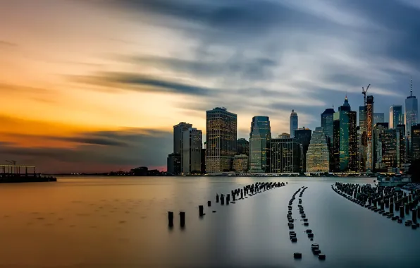 Sunset, Brooklyn, Manhattan, old pier