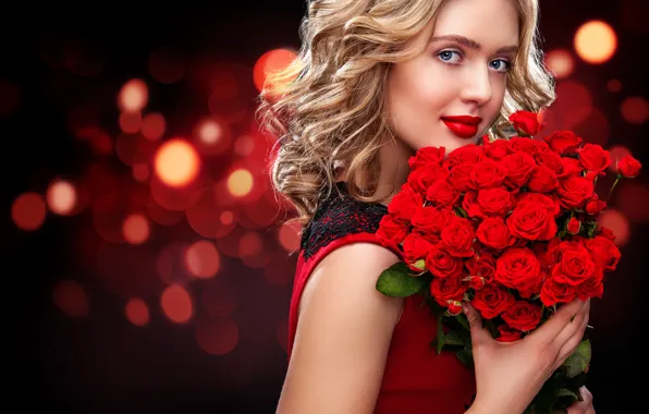 Picture girl, red, background, portrait, roses, bouquet, Mykhailo Orlov