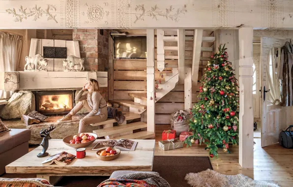 Girl, gift, tree, new year, Christmas, fireplace