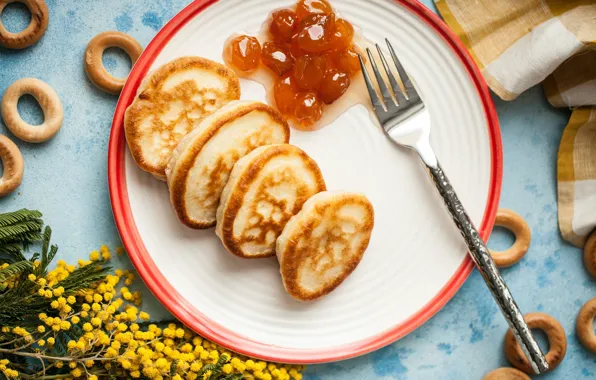 Flowers, Plug, Pancakes, Mimosa, Jam, Bagels