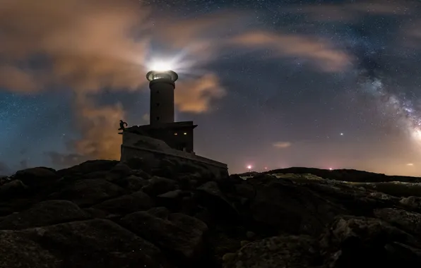 Stars, light, night, stones, rocks, shore, lighthouse, The milky way