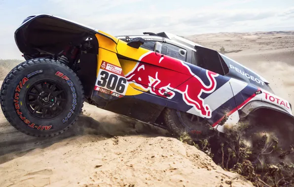 Sand, Auto, Sport, Machine, Race, Peugeot, Red Bull, Rally