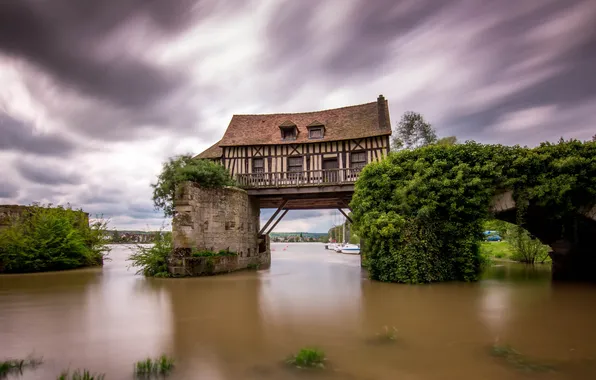 Picture the sky, grass, trees, landscape, clouds, bridge, nature, house