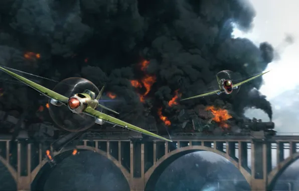 Bridge, The game, The plane, Smoke, Aircraft, Fire, War, Fighter