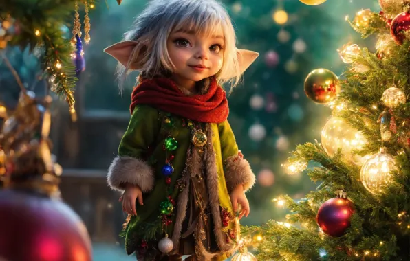Balls, elf, Christmas, girl, New year, elf, herringbone, dwarf