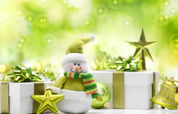 Stars, balls, toys, New Year, green, Christmas, gifts, snowman