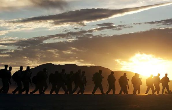 Sunset, mountains, soldiers