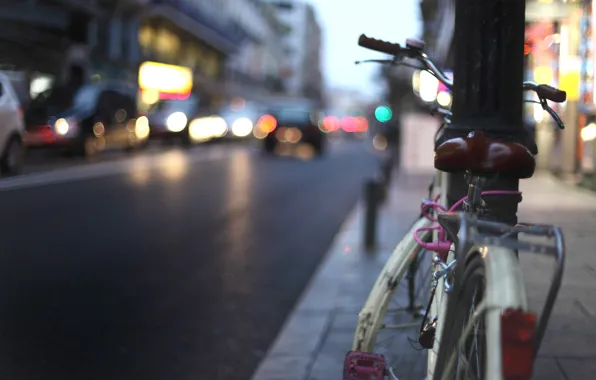 Road, bike, the city, lights, movement, lights, building, post