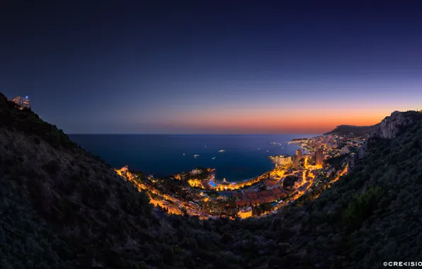 Picture sea, the city, lights, mountain, the evening, hill, Vista Palace over Monaco