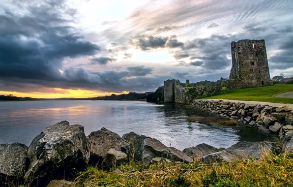 Stones, castle, shore, ruins, pond