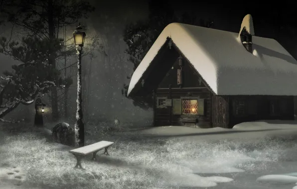 Winter, forest, girl, light, snow, bench, night, rendering
